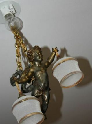 ANCIEN ANTIQUE LUSTRE ,SUSPENSION EN BRONZE DORÉ XIXè,ANGE,C