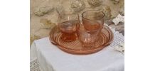 Set recomposé d'un plateau et 3 verres Art Déco rose  fumé