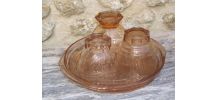 Set recomposé d'un plateau et 3 verres Art Déco rose  fumé