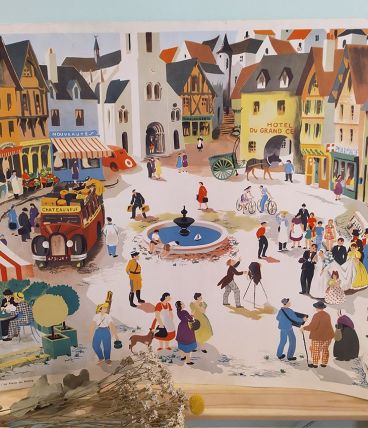 AFFICHE D'ÉCOLE ANCIENNE "LA PLACE DU BOURG" H.POIRIÉ