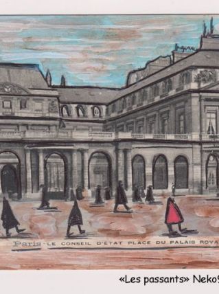 "Les passants" dessin sur une carte postale début du 20e