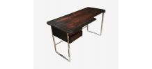 Bureau minimaliste amature chrome 1975; bois brut traite faç