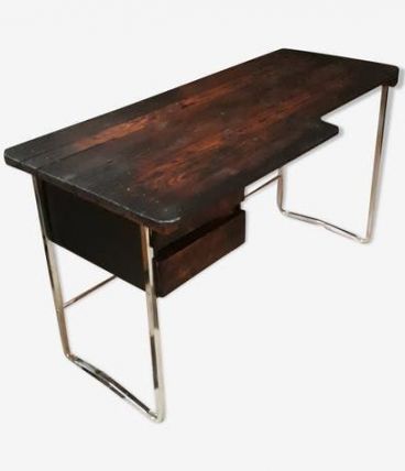 Bureau minimaliste amature chrome 1975; bois brut traite faç