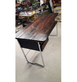 Bureau minimaliste amature chrome 1975; bois brut traite faç