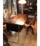 Bureau minimaliste amature chrome 1975; bois brut traite faç