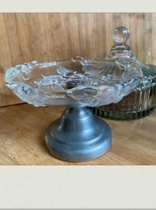 Coupelle vintage sur pied verre et étain.