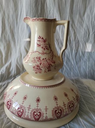 Ensemble de toilette, vasque + broc en faïence blanche 