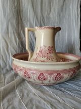 Ensemble de toilette, vasque + broc en faïence blanche 