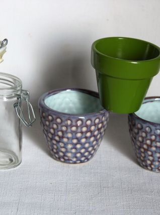 Lot de trois petits pots de fleurs plus boite verre