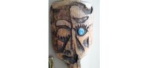 Panneau mural vintage en bois sculpté en forme de tête