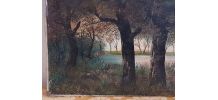 Peinture à l'huile foret lacustre, école française