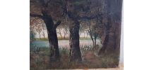 Peinture à l'huile foret lacustre, école française