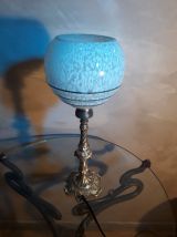 lampe bronze art deco  1930  globe clichy  bleu moucheter bl