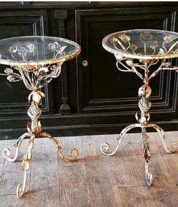 Paire gueridons fer forgé/ verre, années 50