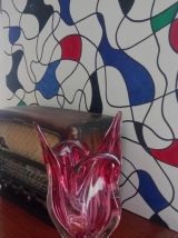 Ancien vase en cristal de bohême rose 