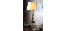 grande lampe pied tourné chene teinté ébène 1970  abat jour 