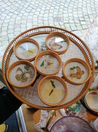Plateau et 6 sous verres rotin  Papillons 70's