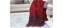Plaid vintage fait main en laine rouge avec franges noirs