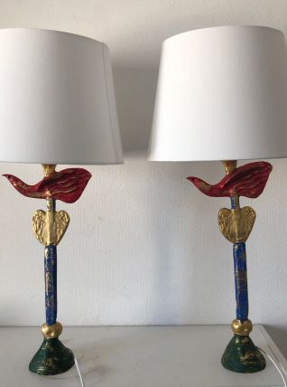 Paire lampes vintage 1994 de table Fondica plomb Pierre Case