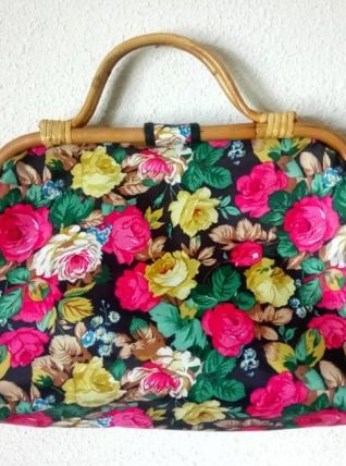 Joli sac fleuri avec anse osier - vintage 