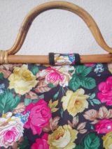 Joli sac fleuri avec anse osier - vintage 