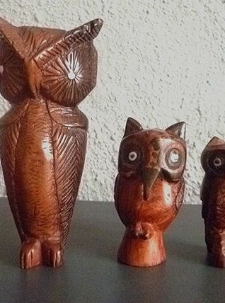lot de 3 hibous , chouettes en bois sculpté