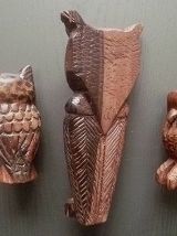lot de 3 hibous , chouettes en bois sculpté