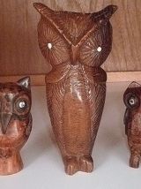 lot de 3 hibous , chouettes en bois sculpté