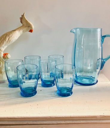 Service à orangeade en verre soufflé bleu