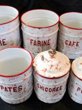 Ensemble 6 pots a épices anciens tôle émaillée