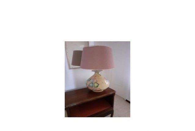 Très belle Lampe céramique, Abat-jour soie Jaune / Rose