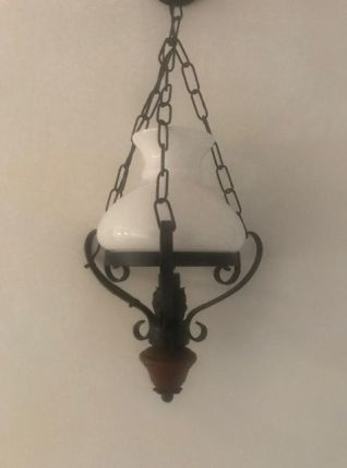 Suspension vintage globe opaline blanc support m