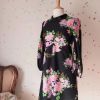 60s robe trapèze fleurie noir rose vert M