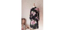 60s robe trapèze fleurie noir rose vert M
