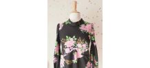 60s robe trapèze fleurie noir rose vert M