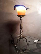 lampe tripode bronze doré , tulipe pate de verre orange et b