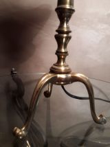 lampe tripode bronze doré , tulipe pate de verre orange et b