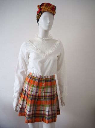 Mini jupe trapèze plissée motifs tartan  boutonnée 70's