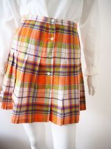 Mini jupe trapèze plissée motifs tartan  boutonnée 70's