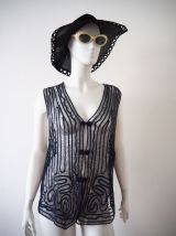 Long gilet en macramé bleu marine vintage 70's