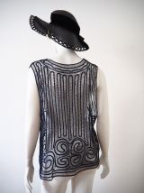 Long gilet en macramé bleu marine vintage 70's