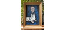 Peinture originale, pièce unique femme voilée et chat.