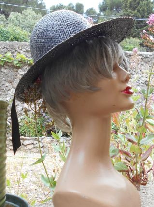 CHAPEAU CAPELINE VINTAGE NOIR PAILLE T 57 CM NEUF