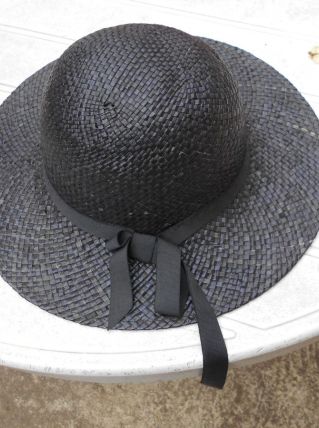 CHAPEAU CAPELINE VINTAGE NOIR PAILLE T 57 CM NEUF