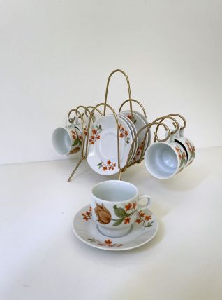 Service à café en porcelaine vintage 70 + support en laiton