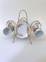 Service à café en porcelaine vintage 70 + support en laiton