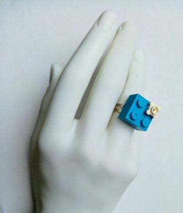 Bague Lego bleu à fleur, réglable argentée, pour tous