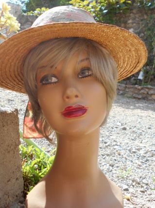 CHAPEAU CAPELINE VINTAGE PAILLE ITALIENNE T 57 CM TBE 