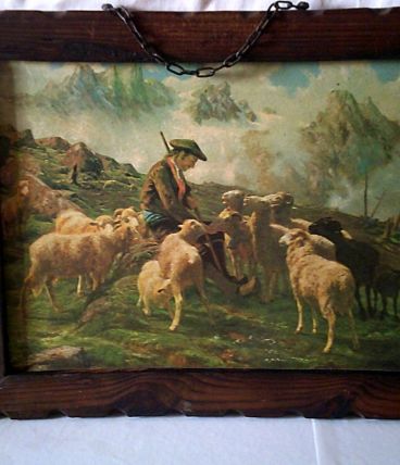 Tableau berger garde un troupeau de mouton 
