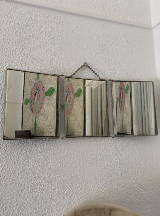 Miroir vintage 1930 tritptyque barbier sapin - 30 x 77